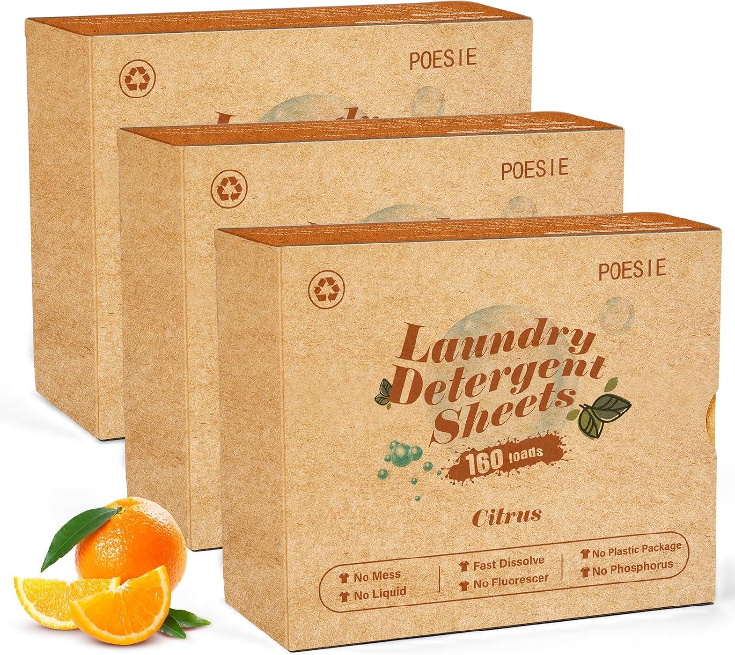 image:imagePoesie Laundry Detergent Sheets Citrus Scent 160 Sheets 80 Large Loads Laundry Strips No Plastic Jug Liquidless Travel Portable HE for Camping Dorm Life CleanCitrus
