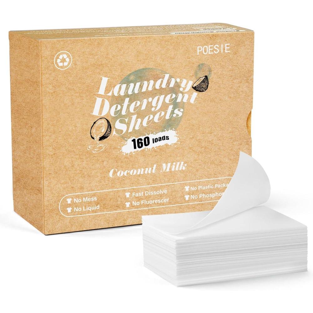 image:imagePoesie Laundry Detergent Sheets Citrus Scent 160 Sheets 80 Large Loads Laundry Strips No Plastic Jug Liquidless Travel Portable HE for Camping Dorm Life CleanCoconut Milk
