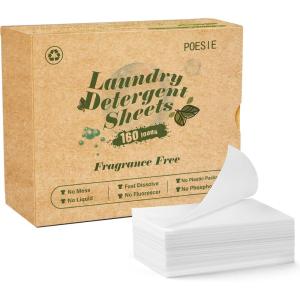 Poesie Laundry Detergent Sheets Citrus Scent 160 Sheets 80 Large Loads Laundry Strips No Plastic Jug Liquidless Travel Portable HE for Camping Dorm Life Clean(Fragrance Free)