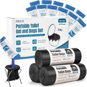 Poesie Poo Absorbent Gel Powder for Portable Toilet Camping Hiking Outdoor Portable Potty Resolution(60 Gels and 60 Bags)